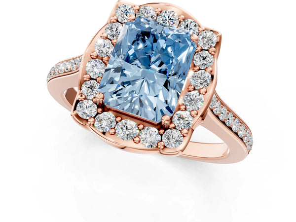Rose gold Fancy Blue Radiant  Halo Round Diamond Pave Band with Four-Prong Setting