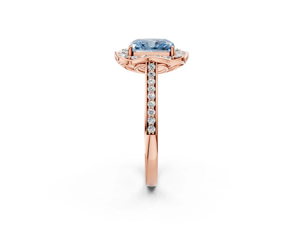 Rose gold Fancy Blue Radiant  Halo Round Diamond Pave Band with Four-Prong Setting