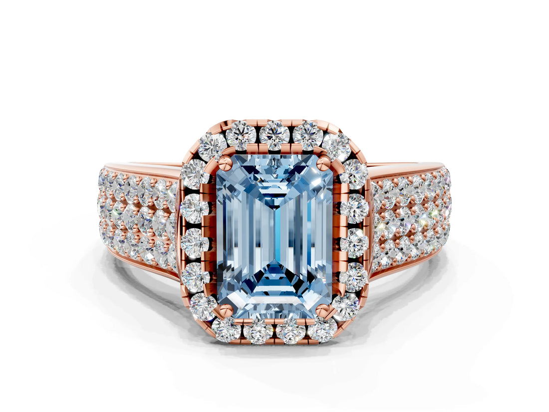 Rose gold Fancy Blue Radiant  Halo Round Diamond Pave Band with Prong Setting 1