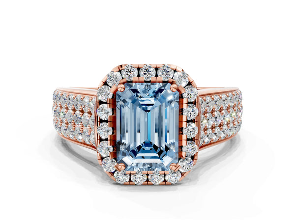 Rose gold Fancy Blue Radiant  Halo Round Diamond Pave Band with Prong Setting