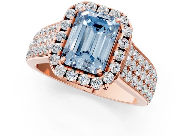 Rose gold Fancy Blue Radiant  Halo Round Diamond Pave Band with Prong Setting