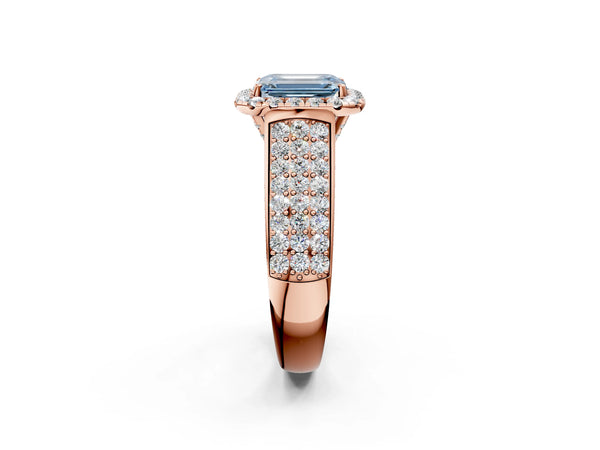 Rose gold Fancy Blue Radiant  Halo Round Diamond Pave Band with Prong Setting