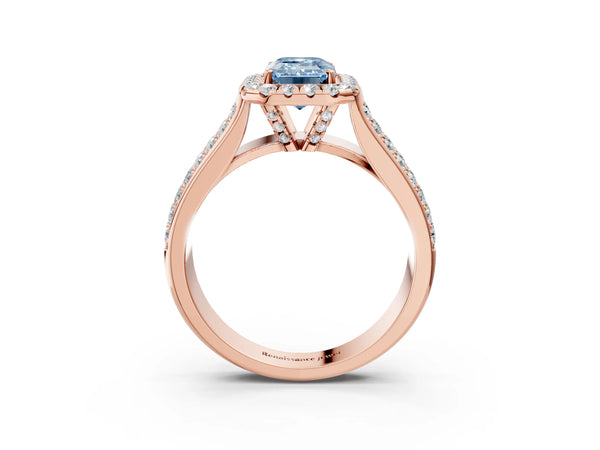 Rose gold Fancy Blue Radiant  Halo Round Diamond Pave Band with Prong Setting