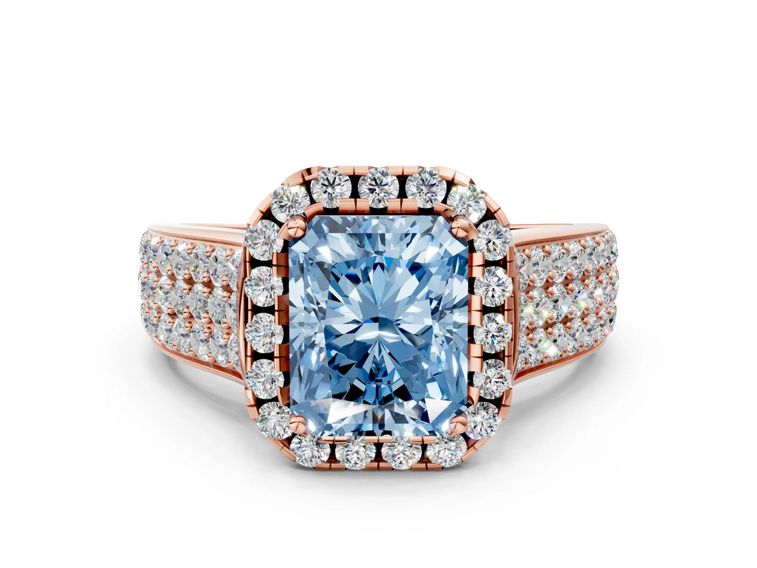 Rose gold Fancy Blue Radiant  Halo Round Diamond Pave Band with Prong Setting_38