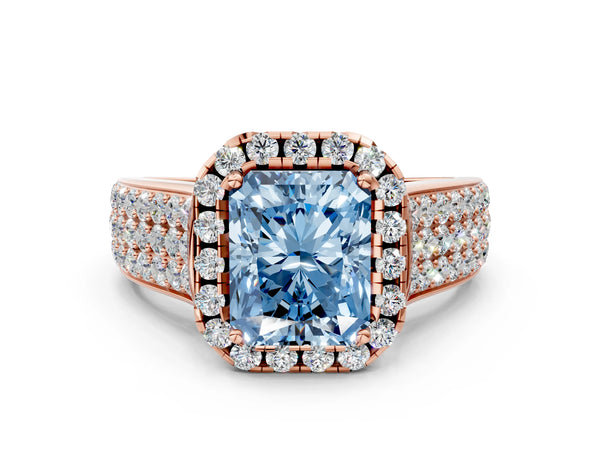 Rose gold Fancy Blue Radiant  Halo Round Diamond Pave Band with Prong Setting