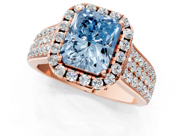 Rose gold Fancy Blue Radiant  Halo Round Diamond Pave Band with Prong Setting