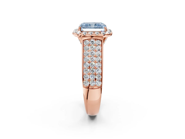 Rose gold Fancy Blue Radiant  Halo Round Diamond Pave Band with Prong Setting