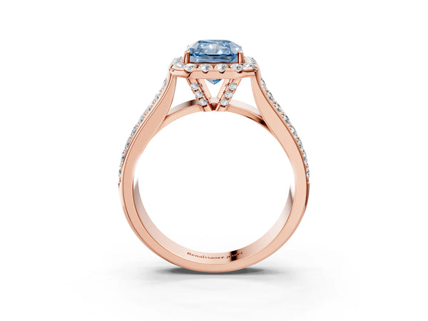 Rose gold Fancy Blue Radiant  Halo Round Diamond Pave Band with Prong Setting