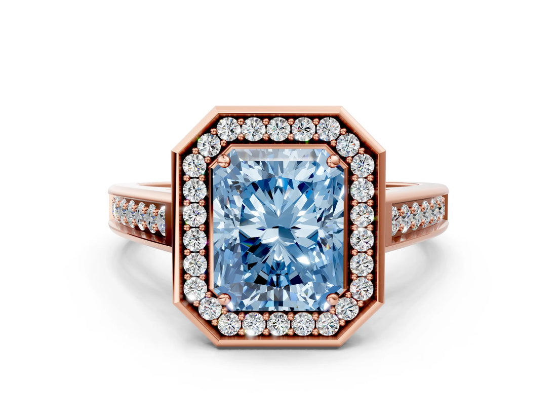 Rose gold Fancy Blue Radiant  Halo Solitaire Diamond Ring with Pave Band and Bezel Setting_44