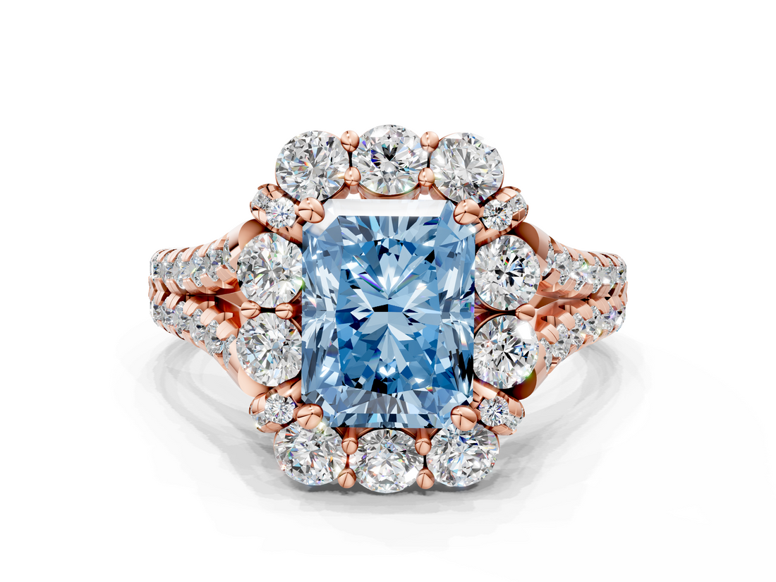 Rose gold Fancy Blue Radiant  Halo Split Shank Diamond Engagement Ring with Pave Band and Four-Prong Setting_54