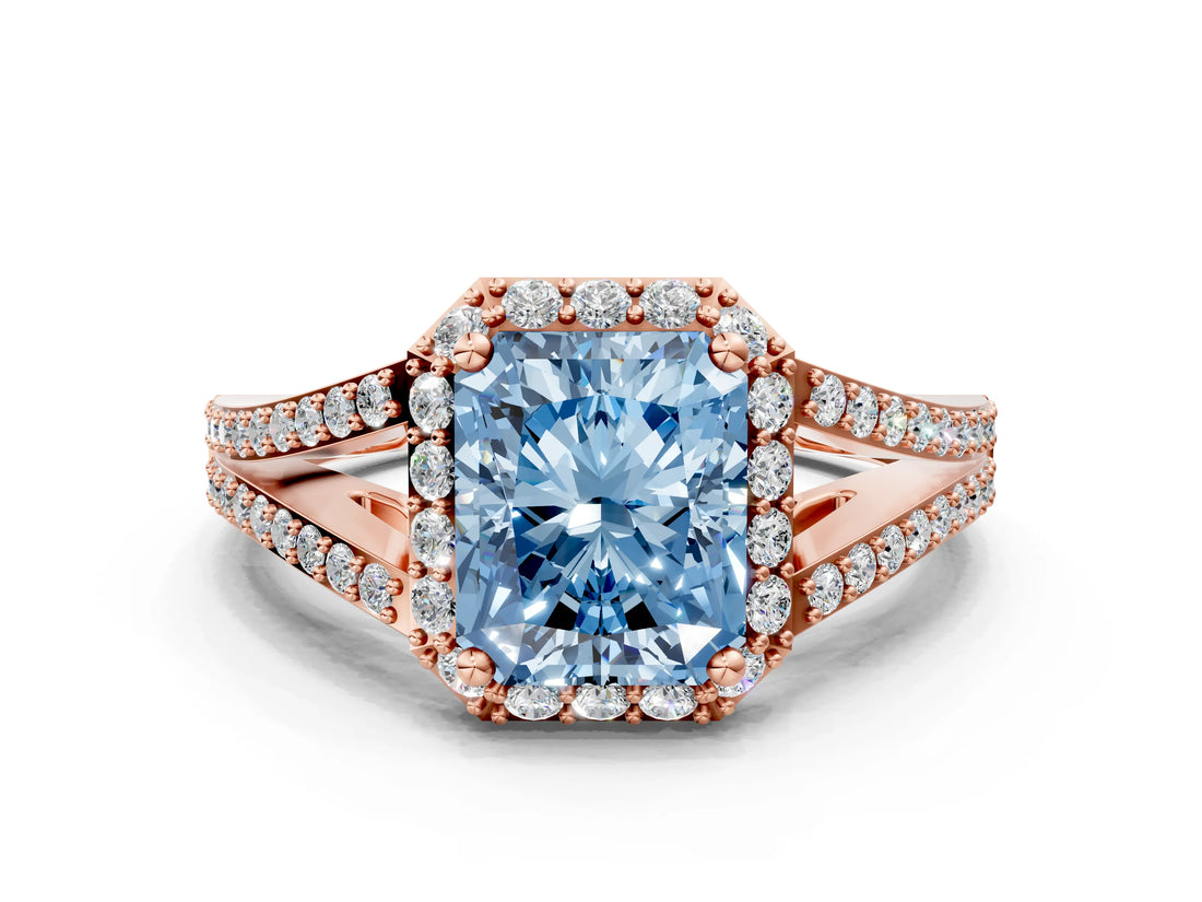 Rose gold Fancy Blue Radiant  Halo Split Shank Pave Diamond Ring with Four-Prong Setting_61