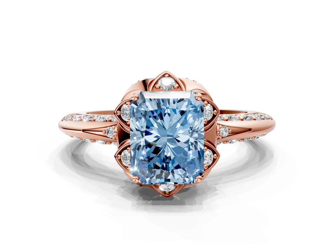 Rose gold Fancy Blue Radiant  Halo Split Shank Pave Diamond Ring with Petal Prong Setting_20