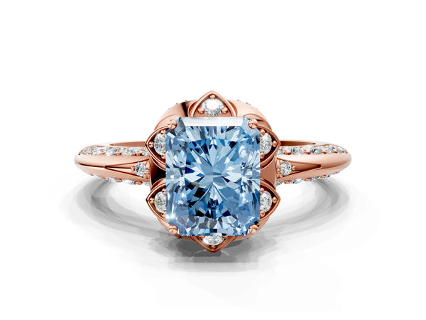 Rose gold Fancy Blue Radiant  Halo Split Shank Pave Diamond Ring with Petal Prong Setting