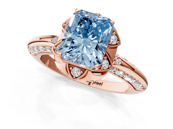 Rose gold Fancy Blue Radiant  Halo Split Shank Pave Diamond Ring with Petal Prong Setting