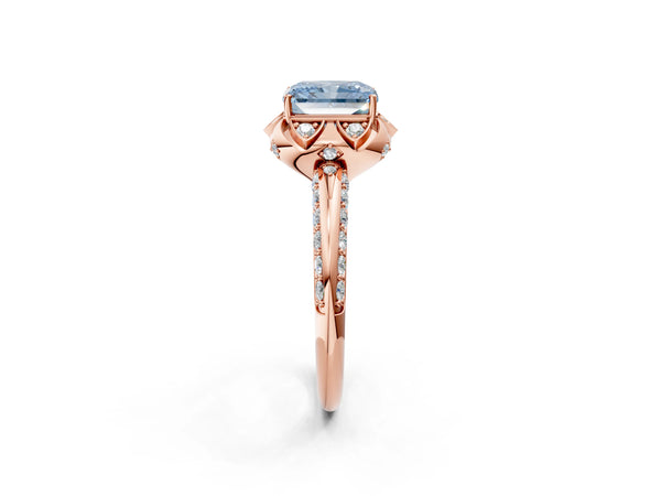 Rose gold Fancy Blue Radiant  Halo Split Shank Pave Diamond Ring with Petal Prong Setting
