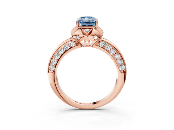 Rose gold Fancy Blue Radiant  Halo Split Shank Pave Diamond Ring with Petal Prong Setting