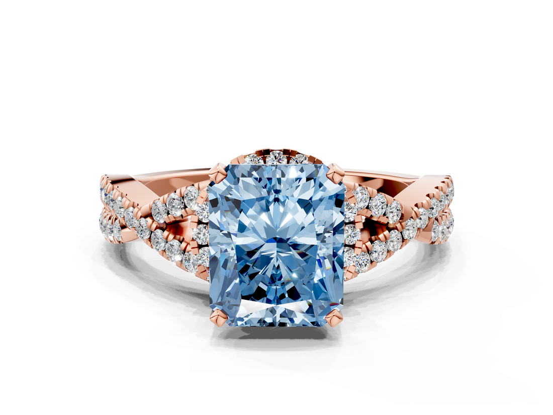 Rose gold Fancy Blue Radiant  Halo Twist Band Solitaire Prong Setting Ring_64