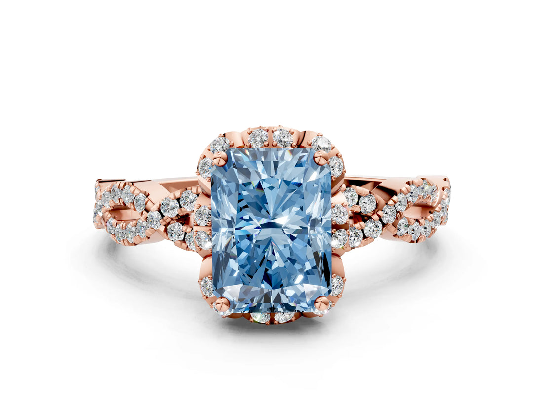 Rose gold Fancy Blue Radiant  Halo Twist Band Solitaire Ring with Six-Prong Setting_3
