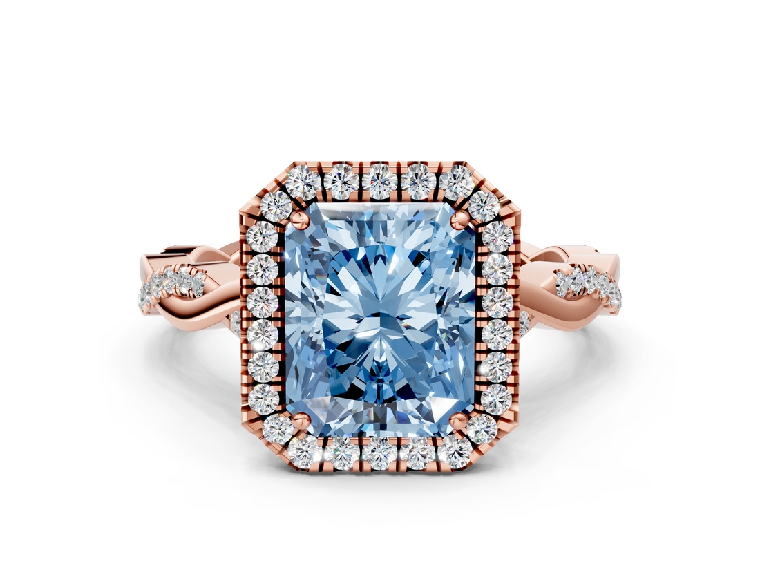 Rose gold Fancy Blue Radiant  Halo Twist Band Solitaire Ring_56