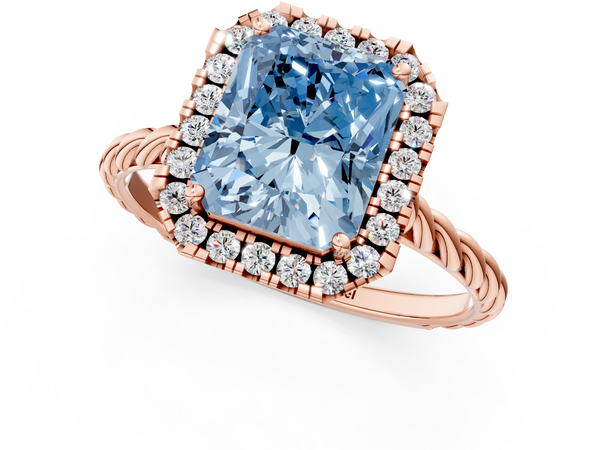 Rose gold Fancy Blue Radiant  Halo Twisted Band Four-Prong Diamond Ring