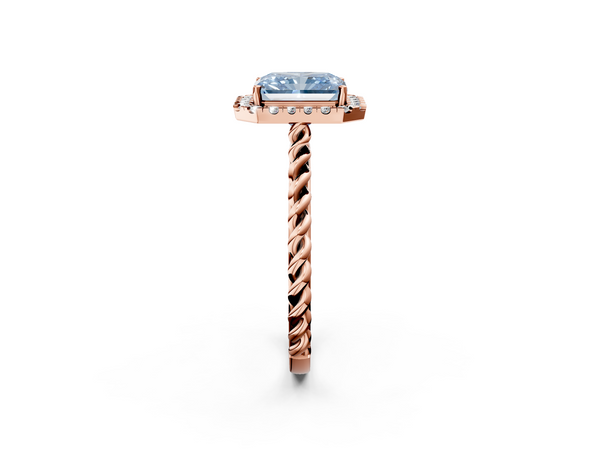 Rose gold Fancy Blue Radiant  Halo Twisted Band Four-Prong Diamond Ring