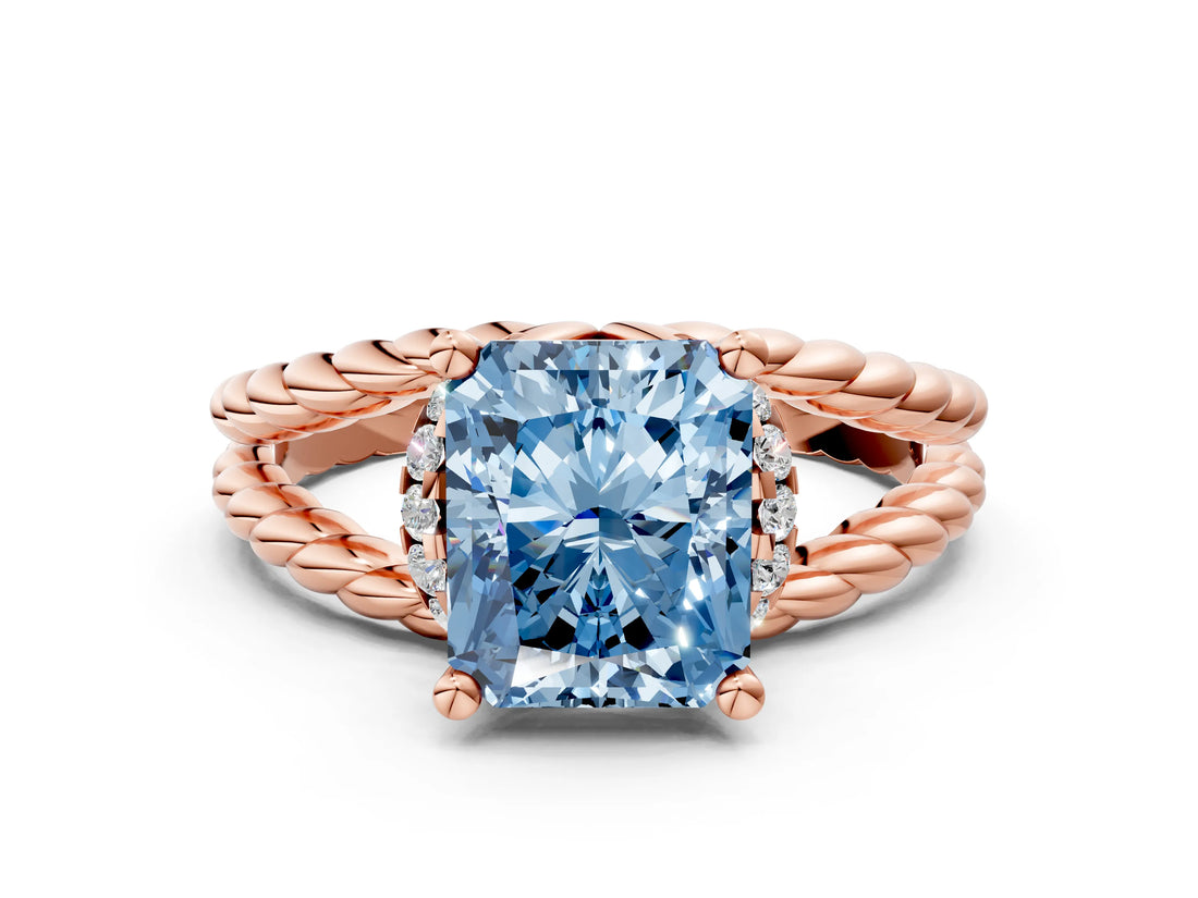 Rose gold Fancy Blue Radiant  Halo Twisted Band Four-Prong Ring_33