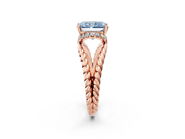 Rose Gold Radiant Cut Engagement Ring Setting for Fancy Blue Center with Rope Split Shank