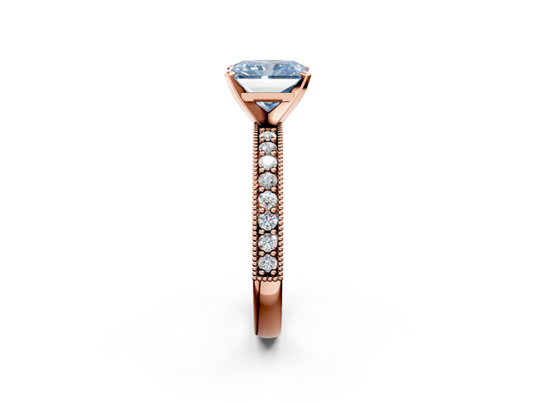 Rose gold Fancy Blue Radiant Cut Diamond Milgrain Pavé Engagement Ring with Four-Prong Setting