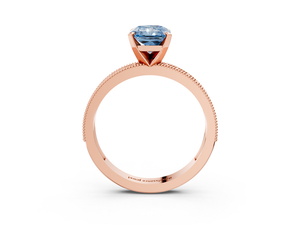 Rose gold Fancy Blue Radiant Cut Diamond Milgrain Pavé Engagement Ring with Four-Prong Setting