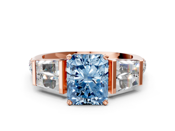 Rose gold Fancy Blue Radiant Cut Diamond Engagement Ring with Baguette Side Stones and Channel Set Band