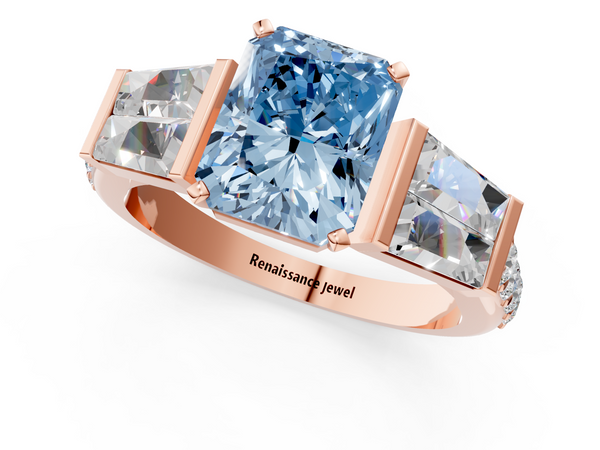 Rose gold Fancy Blue Radiant Cut Diamond Engagement Ring with Baguette Side Stones and Channel Set Band