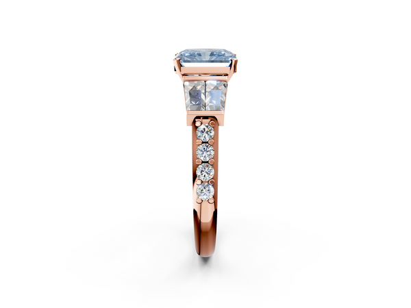 Rose gold Fancy Blue Radiant Cut Diamond Engagement Ring with Baguette Side Stones and Channel Set Band