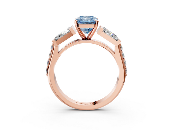 Rose gold Fancy Blue Radiant Cut Diamond Engagement Ring with Baguette Side Stones and Channel Set Band