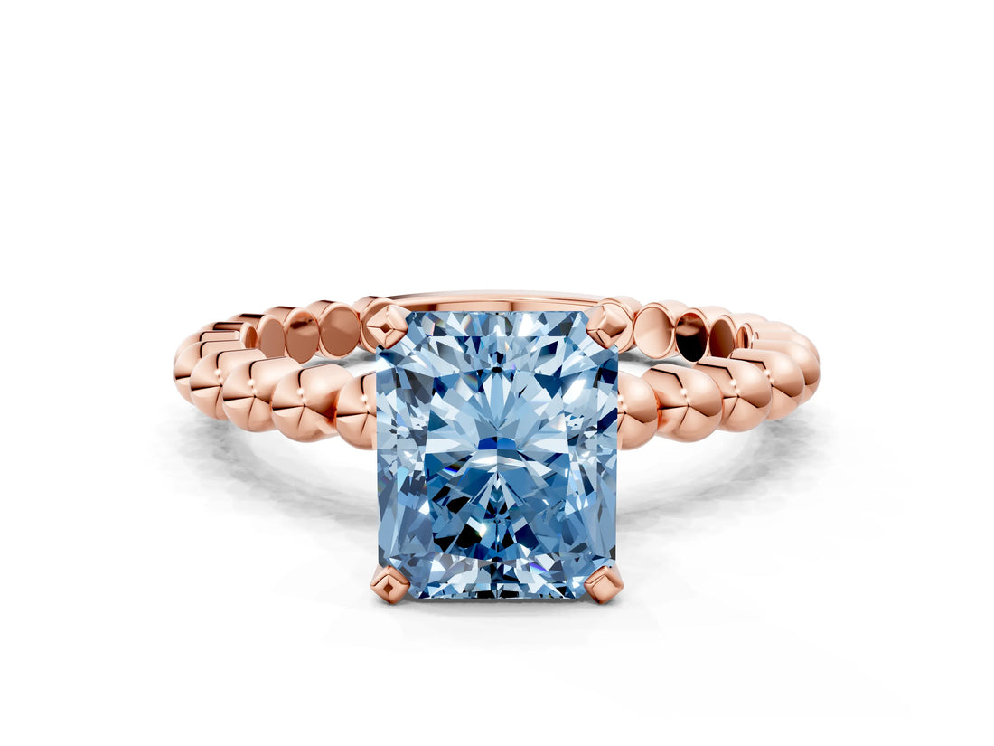 Rose gold Fancy Blue Radiant  Solitaire Beaded Band Prong Setting Ring