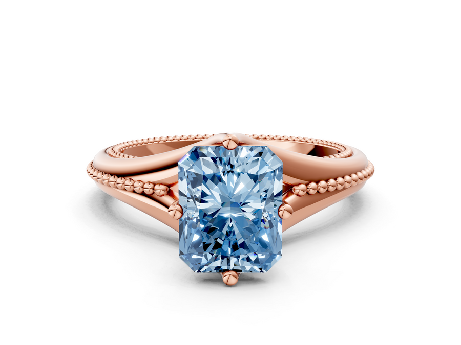 Rose gold Fancy Blue Radiant  Solitaire Beaded Band Six-Prong Setting