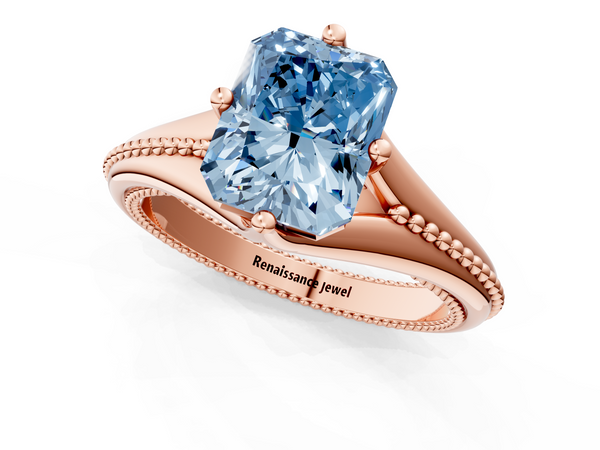 Rose gold Fancy Blue Radiant  Solitaire Beaded Band Six-Prong Setting