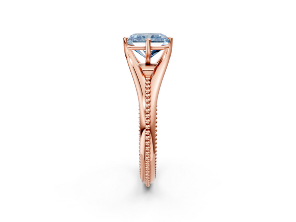 Rose gold Fancy Blue Radiant  Solitaire Beaded Band Six-Prong Setting
