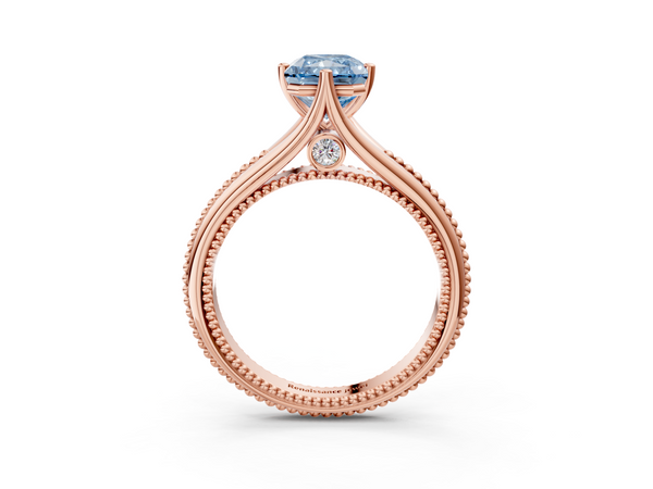 Rose gold Fancy Blue Radiant  Solitaire Beaded Band Six-Prong Setting
