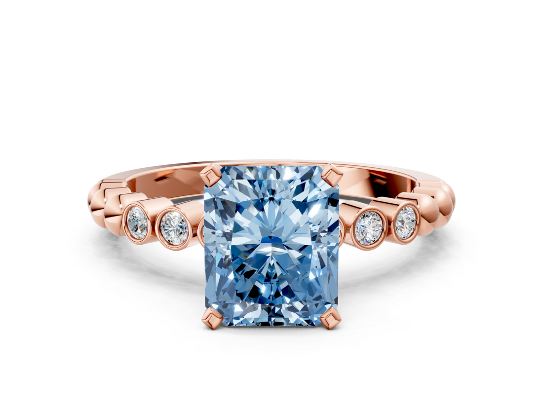 Rose gold Fancy Blue Radiant  Solitaire Bezel Accent Diamond Engagement Ring with Beaded Band and Four-Prong Setting_24