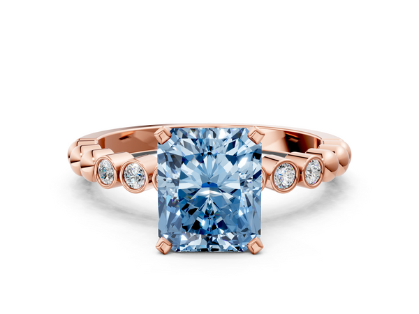 Rose gold Fancy Blue Radiant  Solitaire Bezel Accent Diamond Engagement Ring with Beaded Band and Four-Prong Setting