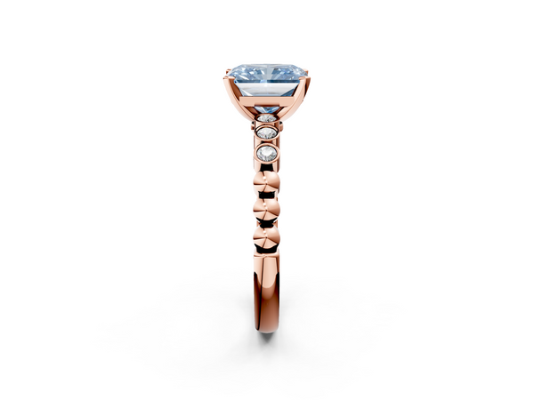 Rose gold Fancy Blue Radiant  Solitaire Bezel Accent Diamond Engagement Ring with Beaded Band and Four-Prong Setting