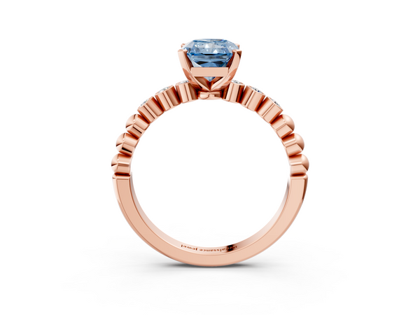 Rose gold Fancy Blue Radiant  Solitaire Bezel Accent Diamond Engagement Ring with Beaded Band and Four-Prong Setting