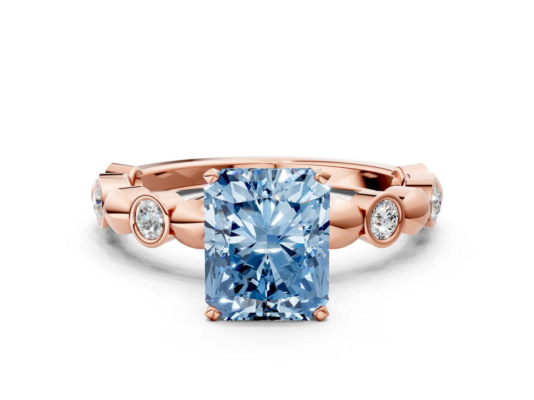 Rose gold Fancy Blue Radiant  Solitaire Bezel-Set Diamond Ring with Beaded Band and Four-Prong Setting_32