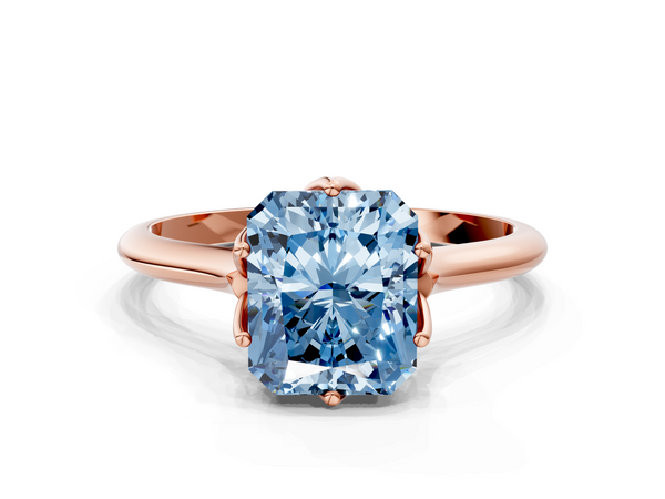 Rose gold Fancy Blue Radiant  Solitaire Cathedral Diamond Ring with Six-Prong Setting