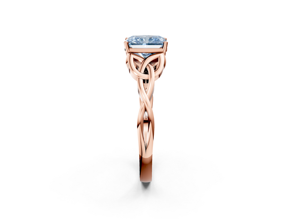 Rose gold Fancy Blue Radiant Cut Diamond Solitaire Engagement Ring with Celtic Knot Band and Four-Prong Setting