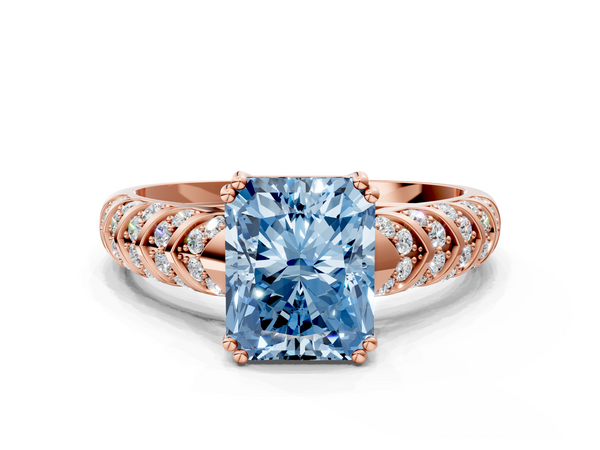 Rose gold Fancy Blue Radiant  Solitaire Chevron Pave Diamond Engagement Ring with Six-Prong Setting