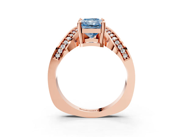 Rose gold Fancy Blue Radiant  Solitaire Diamond Engagement Ring with Pave Band and Four-Prong Setting
