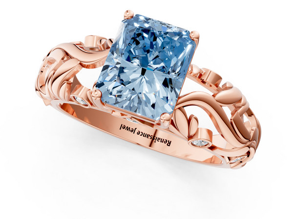 Rose gold Fancy Blue Radiant Cut Solitaire Diamond Leaf-Inspired Vine Band Ring with Prong Setting