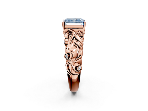 Rose gold Fancy Blue Radiant Cut Solitaire Diamond Leaf-Inspired Vine Band Ring with Prong Setting