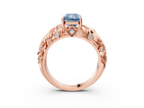 Rose gold Fancy Blue Radiant  Solitaire Diamond Leaf Vine Band with Prong Setting_48